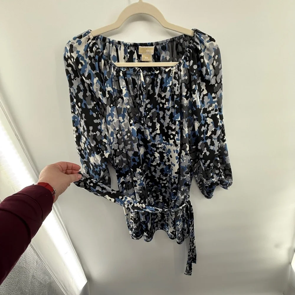 Michael Michael‎ Kors Abstract Print Peasant Blouse Size 2X Belted Top
